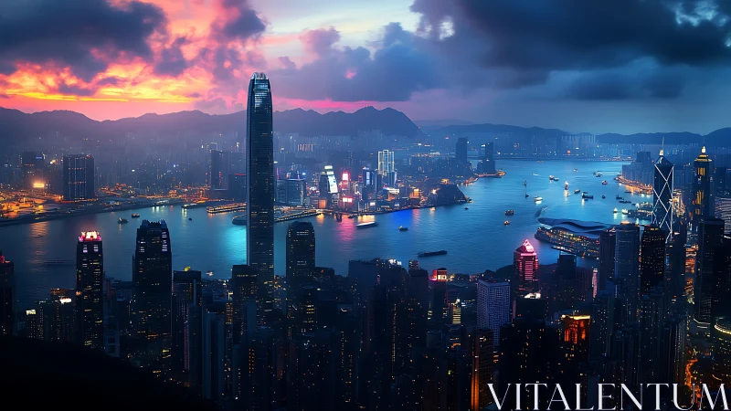 Harbor city skyline glows warmly under a dramatic sunset sky