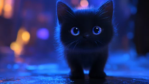 Black Kitten with Luminescent Blue Eyes in Neon Urban Environment.