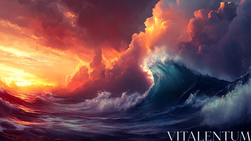 Stormy ocean wave erupts beneath a blazing, cinematic sunset