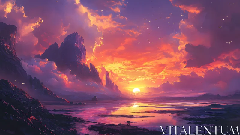 Vivid fantasy seascape with glowing sunset and cliffs.