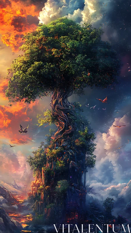 World-tree spire blazing between molten dawn and starry dusk.