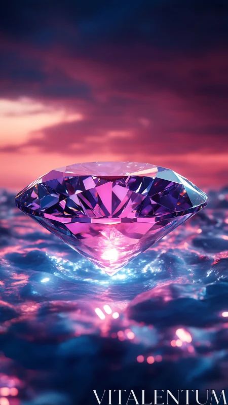 Iridescent pink diamond hovering above neon surf at dusk.