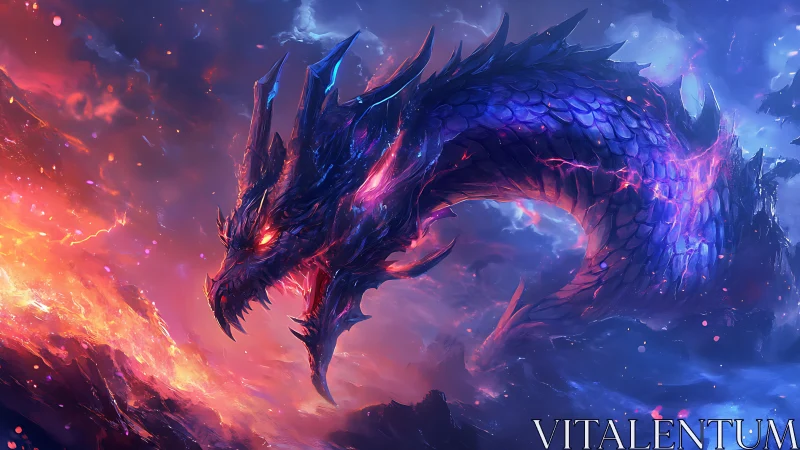 Cosmic fire dragon coils in glowing storm sky.
