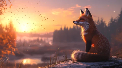 Volumetric dusk lighting on fox fur in atmospheric landscape.