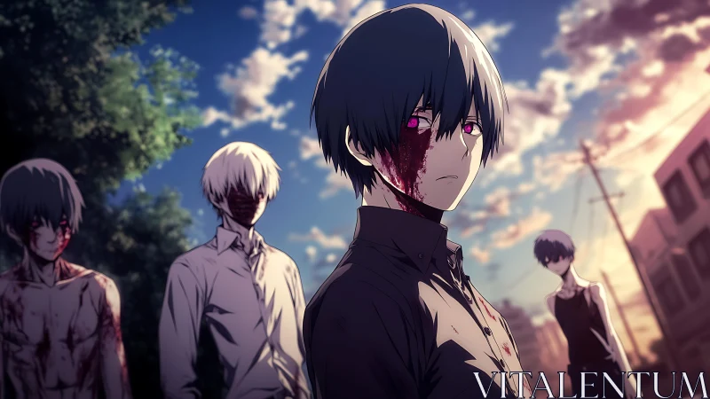 Haunted anime boy stands strong under a fading sunset sky.