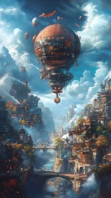 Steampunk airship drifts above vertical river cityscape