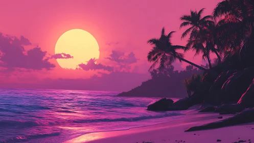 Vibrant neon sunset bathes a tranquil tropical shoreline