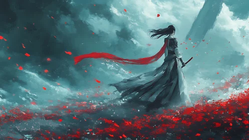 Stormfront samurai in cyan mist and high-velocity petals.