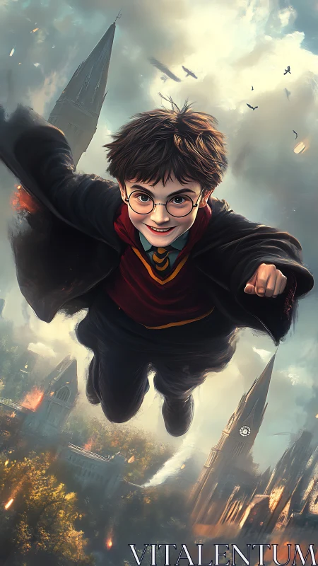 Dynamic digital painting of young wizard in aerial flight.