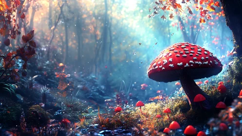 Giant crimson toadstool quietly crowns a luminous fairy grove