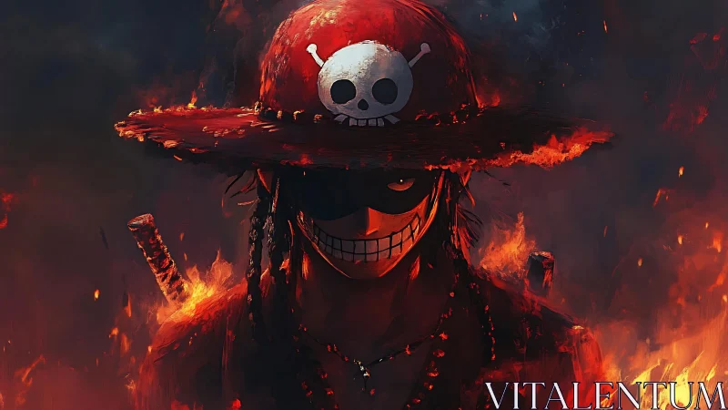 Masked pirate figure in red hat amid surrounding flames.