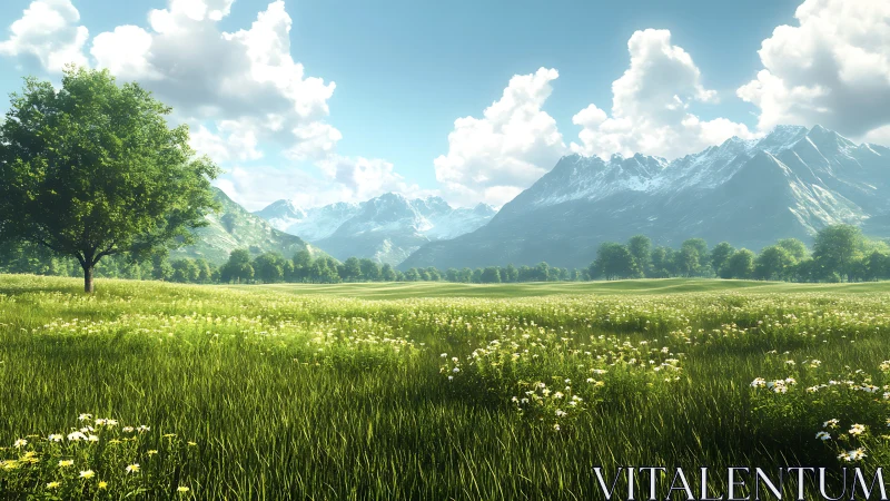 Photorealistic alpine meadow with solitary tree foregrounded.