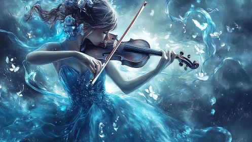 Female violinist rendered in blue-toned digital fantasy scene