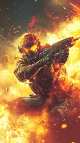 Flame-forged futuristic soldier charging through blazing fire.
