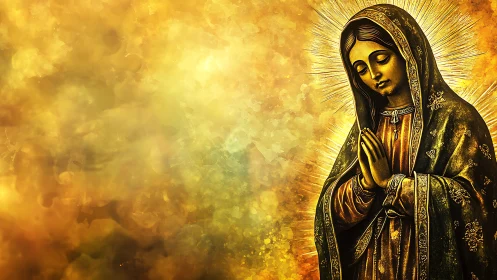 Gold-illuminated robed saint in prayer with radiant halo field