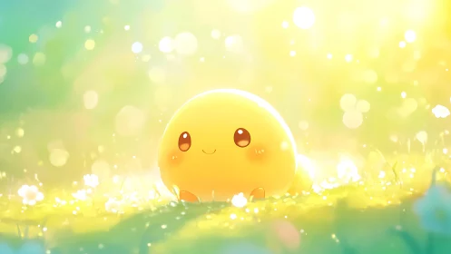 Bright yellow blob character in soft glowing meadow scene.
