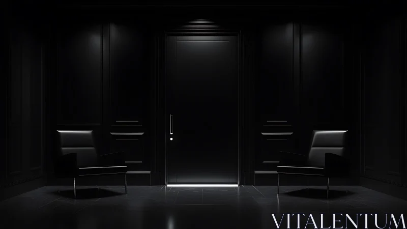 Minimalist black waiting room frames single glowing doorway
