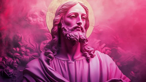 Monochromatic magenta statue with halo under cinematic volumetric lighting