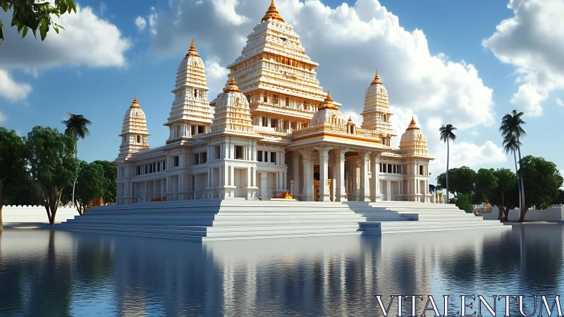 White temple complex stands above reflective water pool