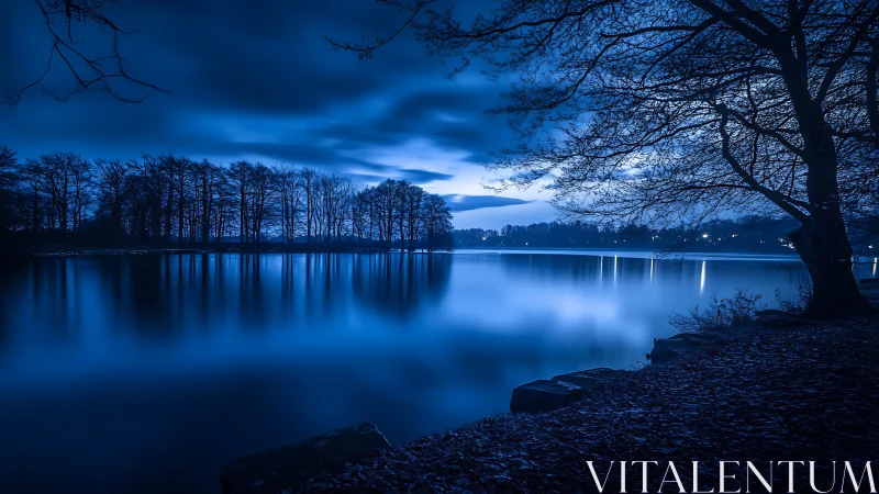 Long exposure night photograph records trees by still water