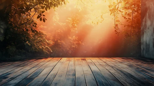 Luminous forest threshold over weathered plank platform.