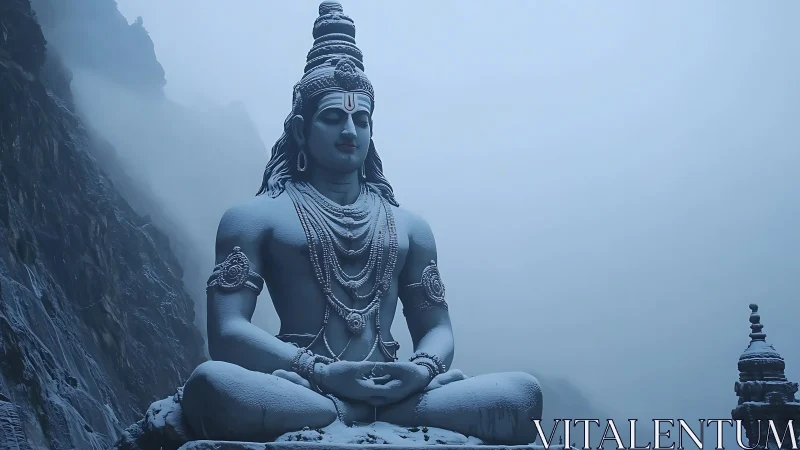 Majestic Shiva statue rests in calm misty mountain silence