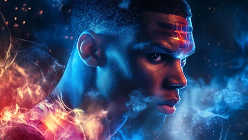 Side-lit male portrait contrasts blue rim light and red glow