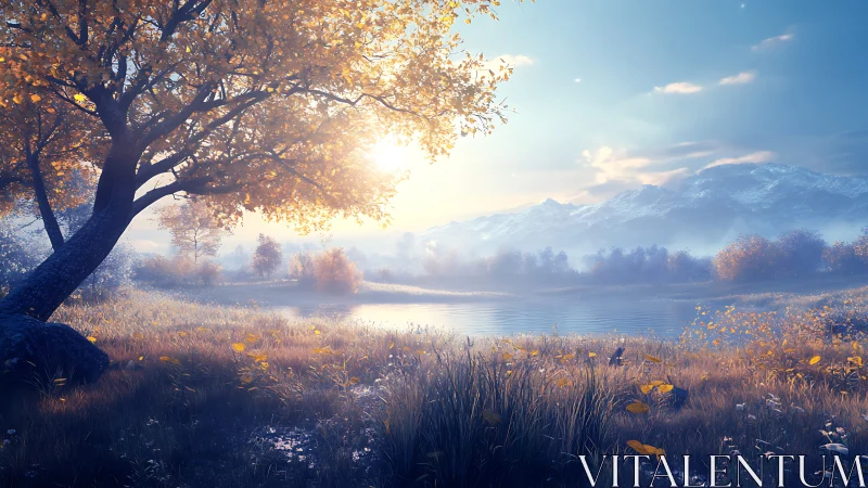 Digital landscape study with autumnal lakeside illumination.