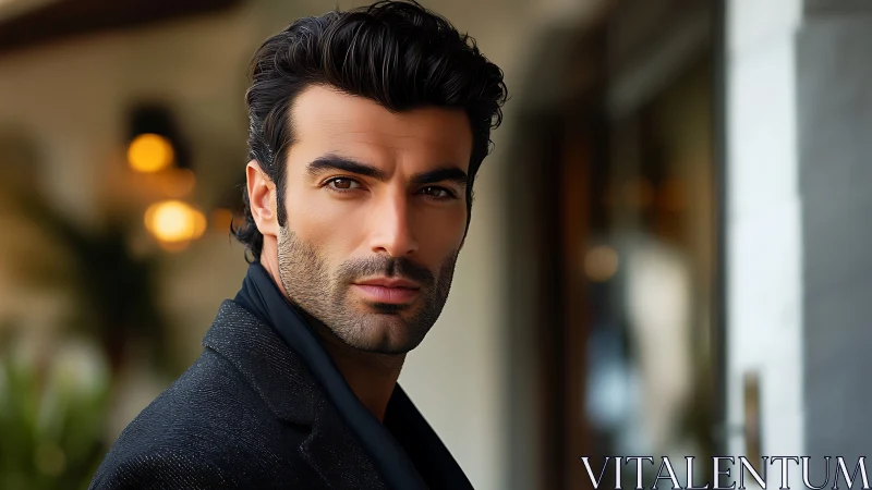 Urban portrait of stylish man in soft evening bokeh light.