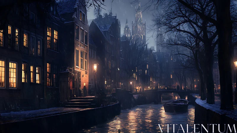 Canal street houses and church tower lit on rainy night