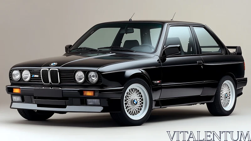 Black BMW E30 sports coupe in controlled studio lighting.
