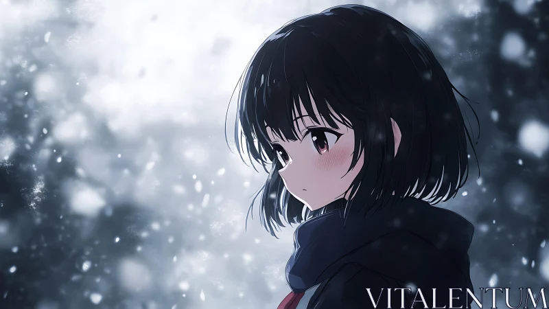 Side profile anime girl stands in softly falling winter snow