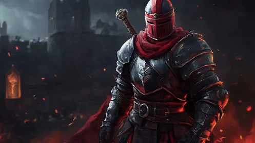 Crimson armored knight in embers before stormed fortress.