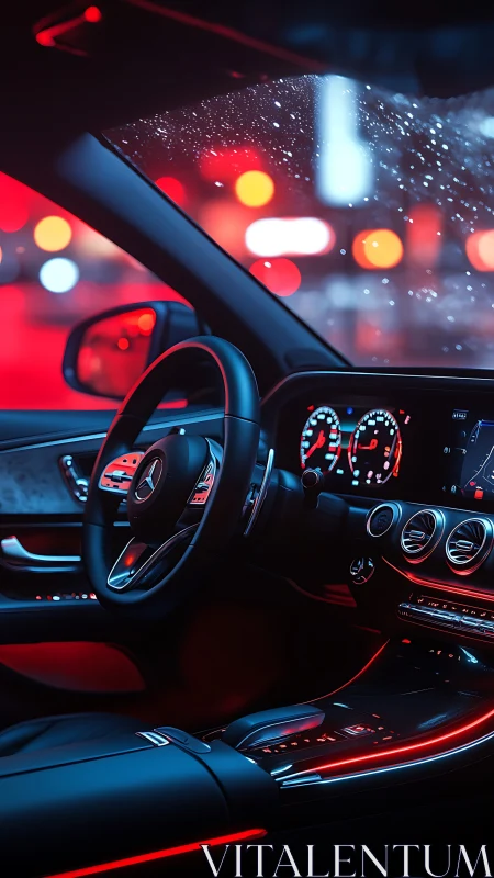 Luxury car cockpit glows in neon lights on a rainy night
