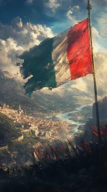 Tri-color standard above mountainous fortified river valley.