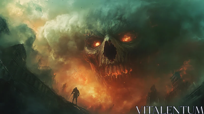 Skullstorm Over Ruined City, where fire learns to speak.