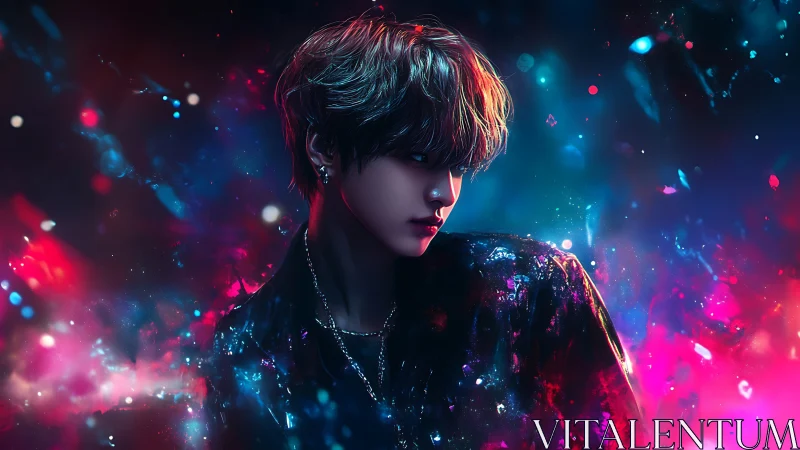 Moody digital portrait in glowing neon particle field.