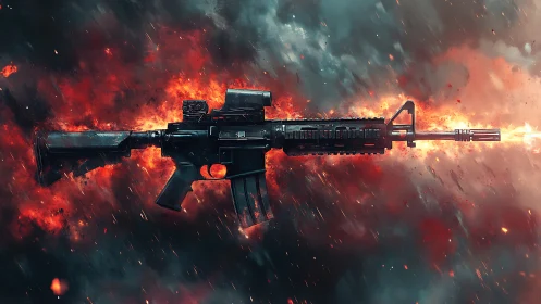 Tactical Rifle Against Apocalyptic Inferno Backdrop.