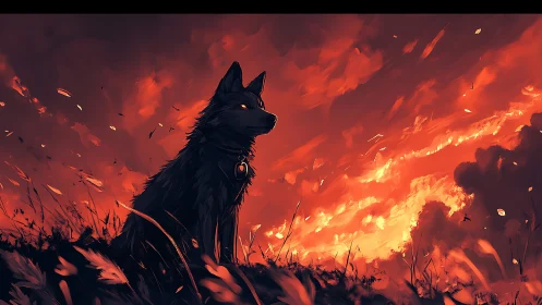 Lone black wolf silhouette under turbulent ember sky at dusk