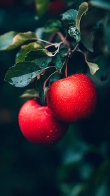 Two dew-covered red apples hang against deep green foliage