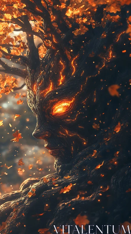 Tree-like humanoid face formed from burning bark and embers