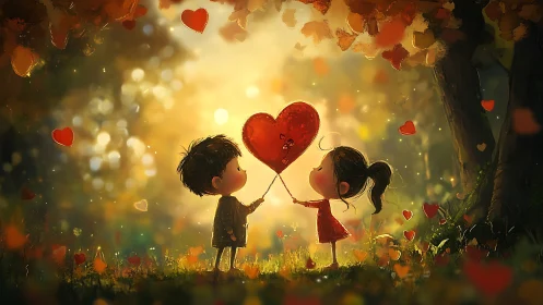 Two Children Share a Giant Heart in Golden Forest Light