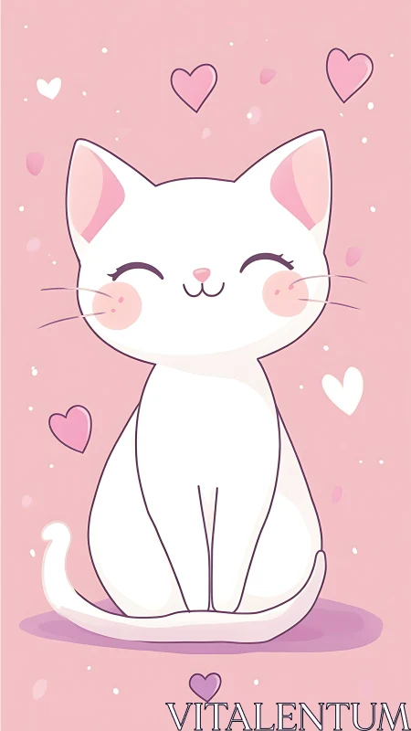 Smiling White Cat Surrounded by Floating Hearts.