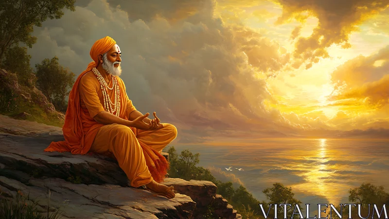 Meditating sage in saffron robes under blazing ocean sunset.