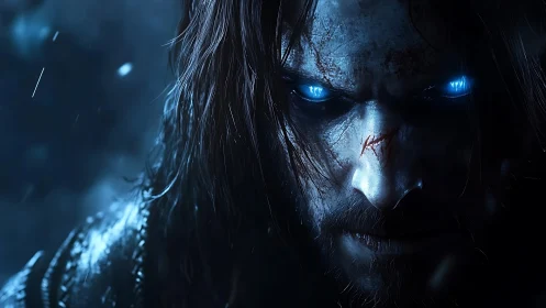 Blue-eyed spectral warrior rendered in high-contrast digital chiaroscuro