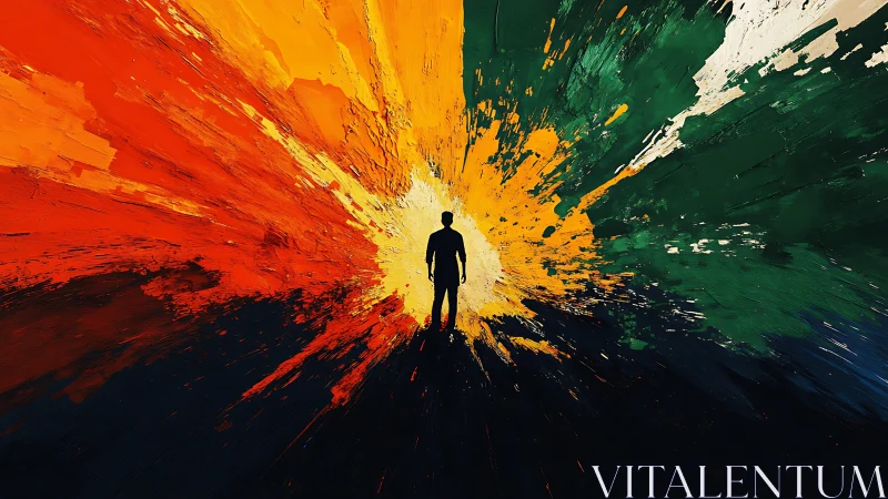 Silhouette centered in radial orange green abstract energy field