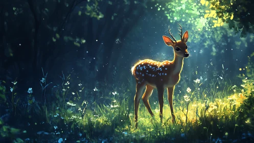 Young deer stands in illuminated forest clearing at dusk