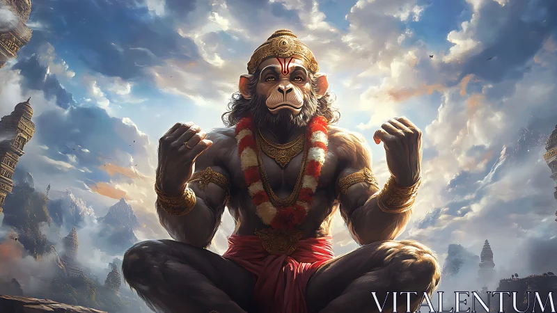 Skyborne monkey deity meditates amid swirling temple clouds.