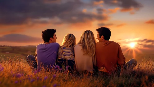 Four friends watch a rural sunset in warm cinematic lighting