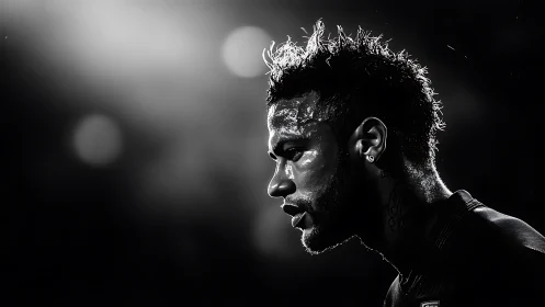 Dramatic monochrome portrait of focused soccer player in light.